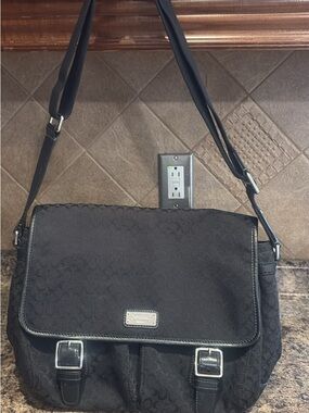 Coach Black Signature Jacquard Crossbody with Metal Plaque